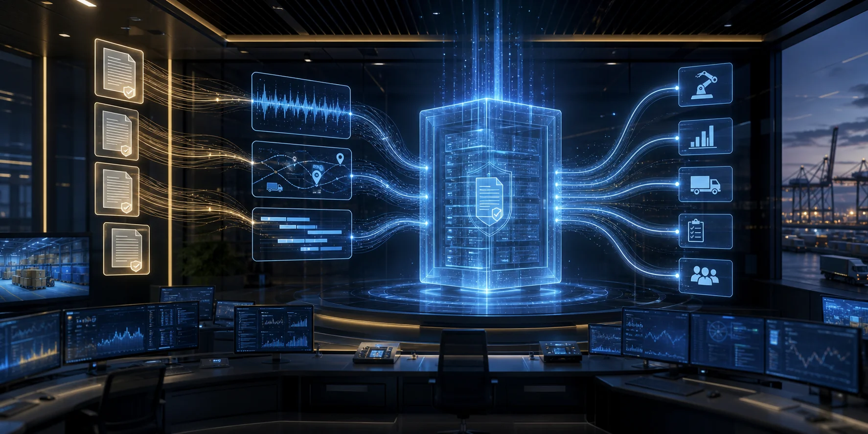 Enterprise operations control room where verified documents, telemetry, shipment alerts, and project signals feed an evidence ledger before AI agents act