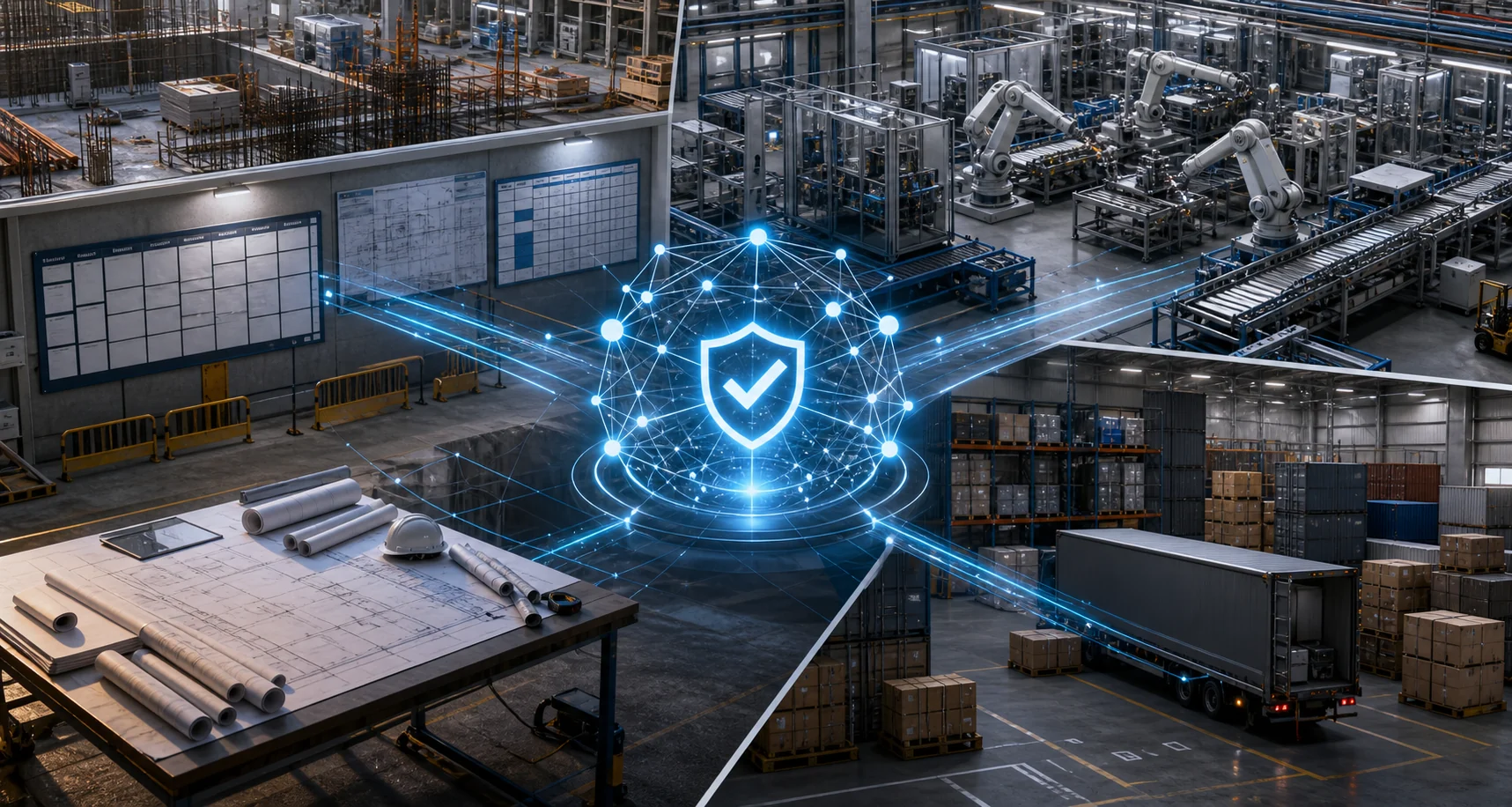 Construction, manufacturing, and logistics operations connected by a central verified signal hub for agentic AI decisions
