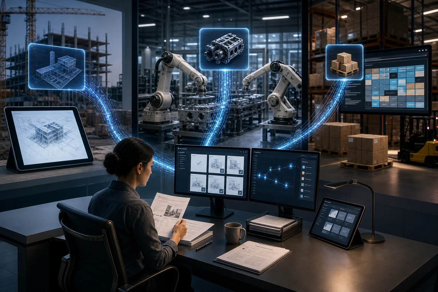Construction planning, robotic manufacturing, and warehouse logistics connected by luminous provenance threads to a human review desk