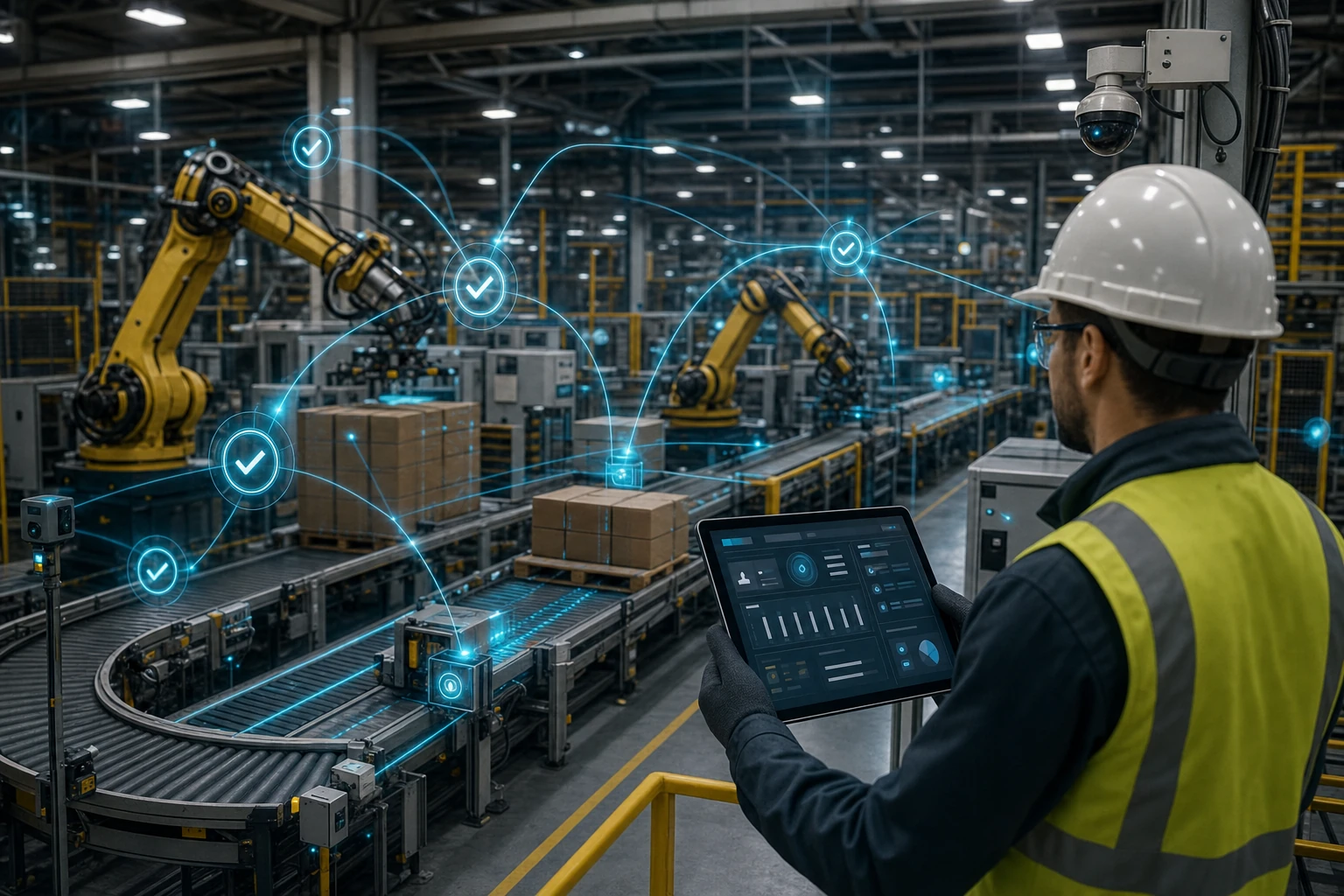 Industrial robotics line with verified evidence checkpoints and a supervisor reviewing an abstract AI workflow interface