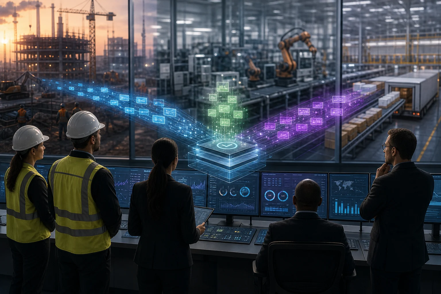 Abstract construction, manufacturing, and logistics signal lanes entering a source verification layer