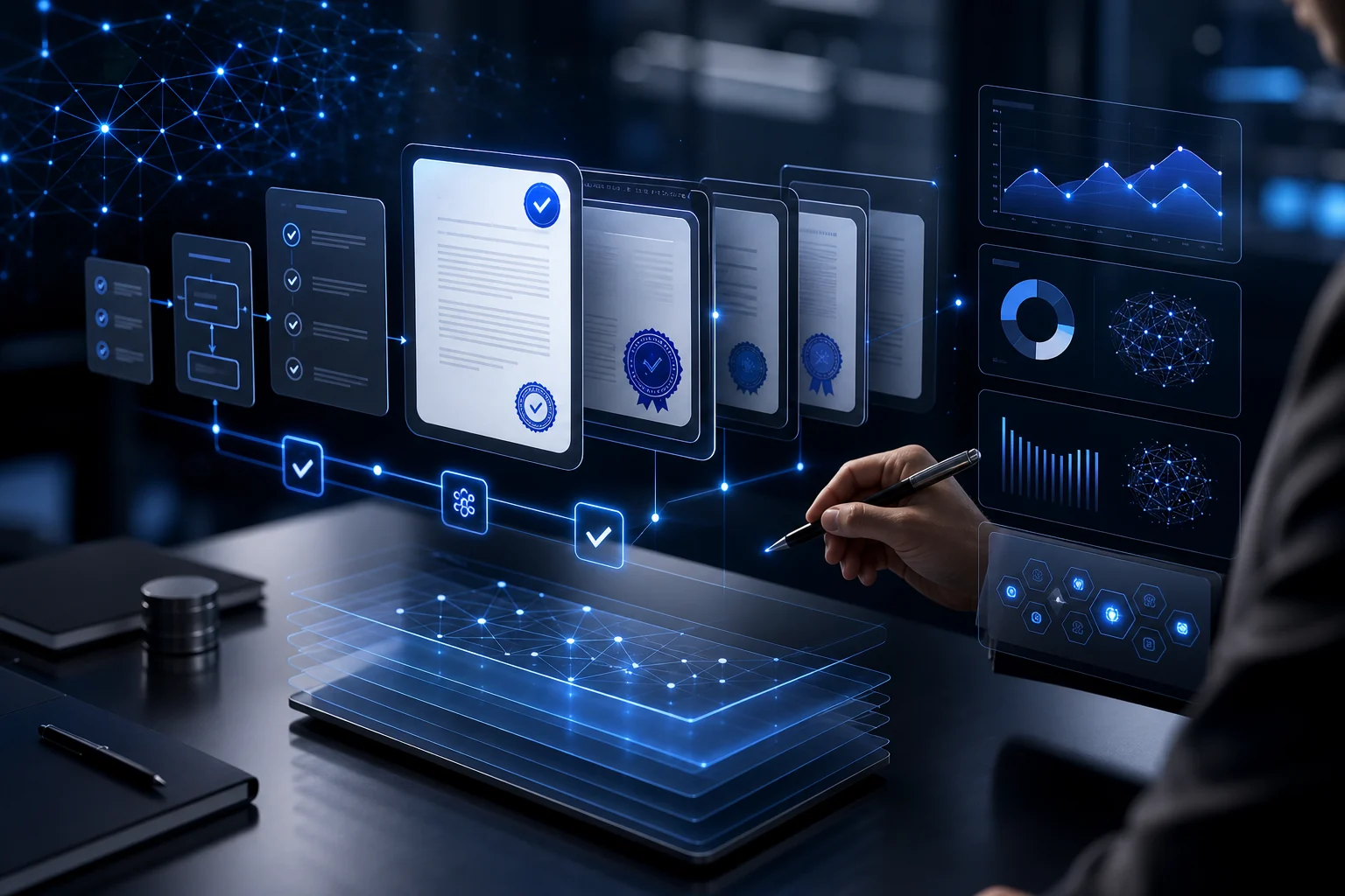 A workflow ledger showing task, evidence, approval, validation, and business impact fields for AI agents