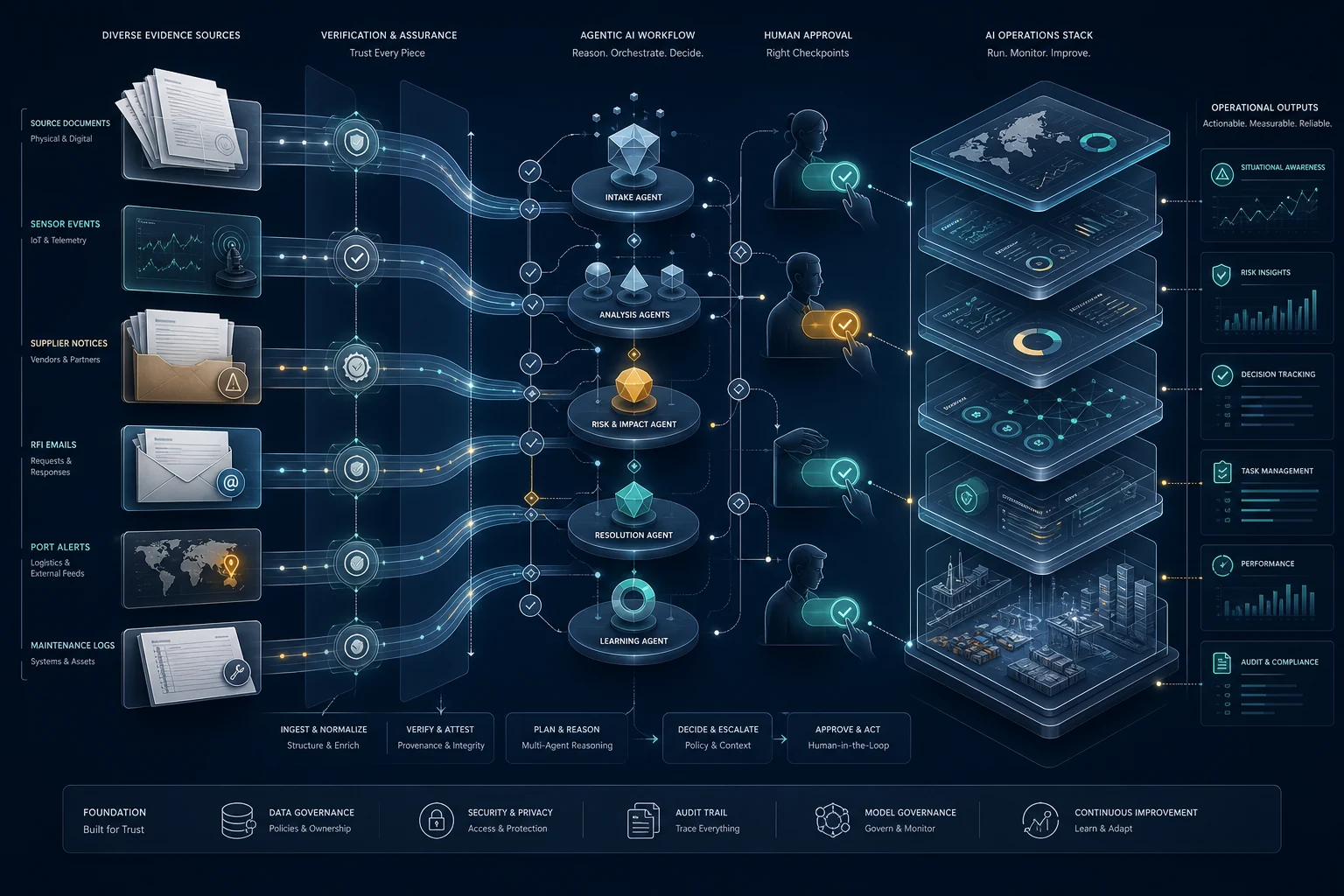 Evidence pipeline feeding AI agents through source checks, confidence gates, human approvals, and outcome feedback