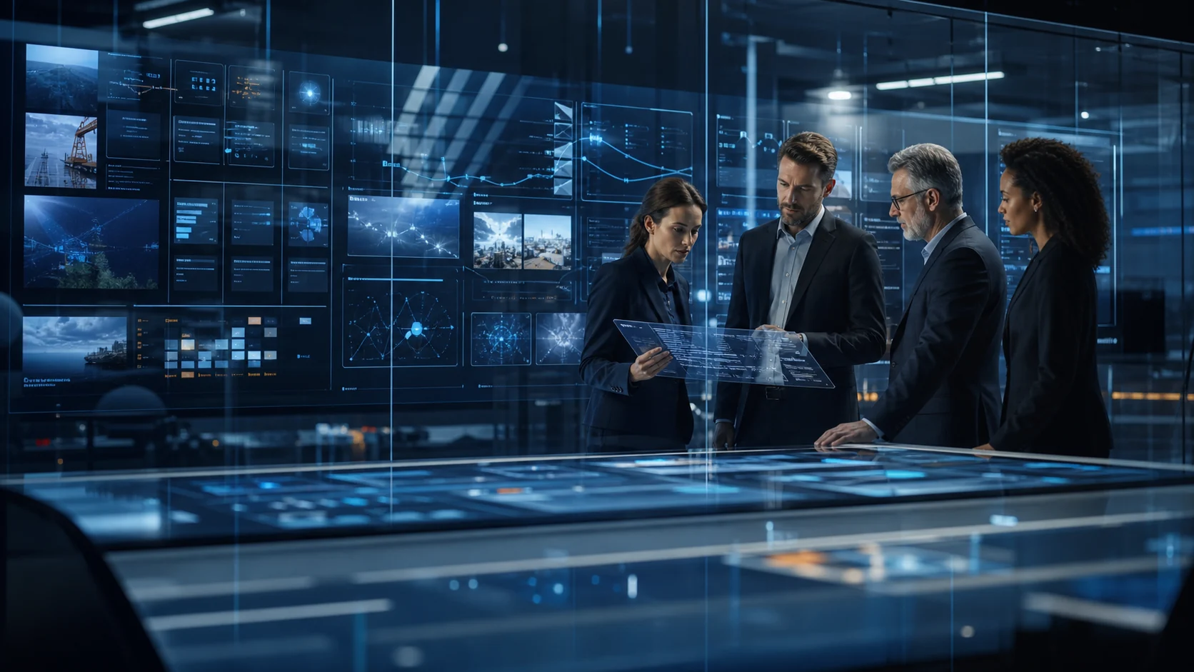 Operations leaders reviewing evidence-backed AI exception queues across AEC, manufacturing, and logistics