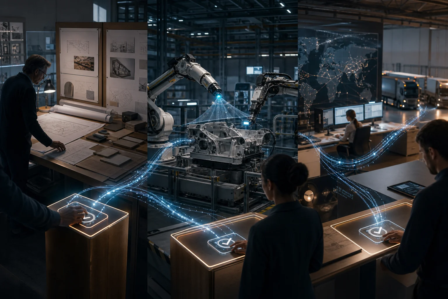 AEC, manufacturing, and logistics workstreams connected by evidence trails and human approval gates