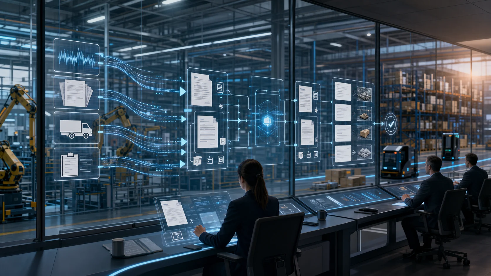 Evidence-first AI signal extraction pipeline where operational documents, sensor streams, shipment events, and human review checkpoints become decision packets