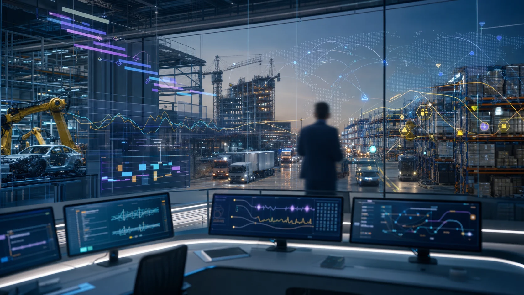 Modern industrial operations control room where verified AEC, manufacturing, logistics, and procurement signals feed an AI evidence layer before action