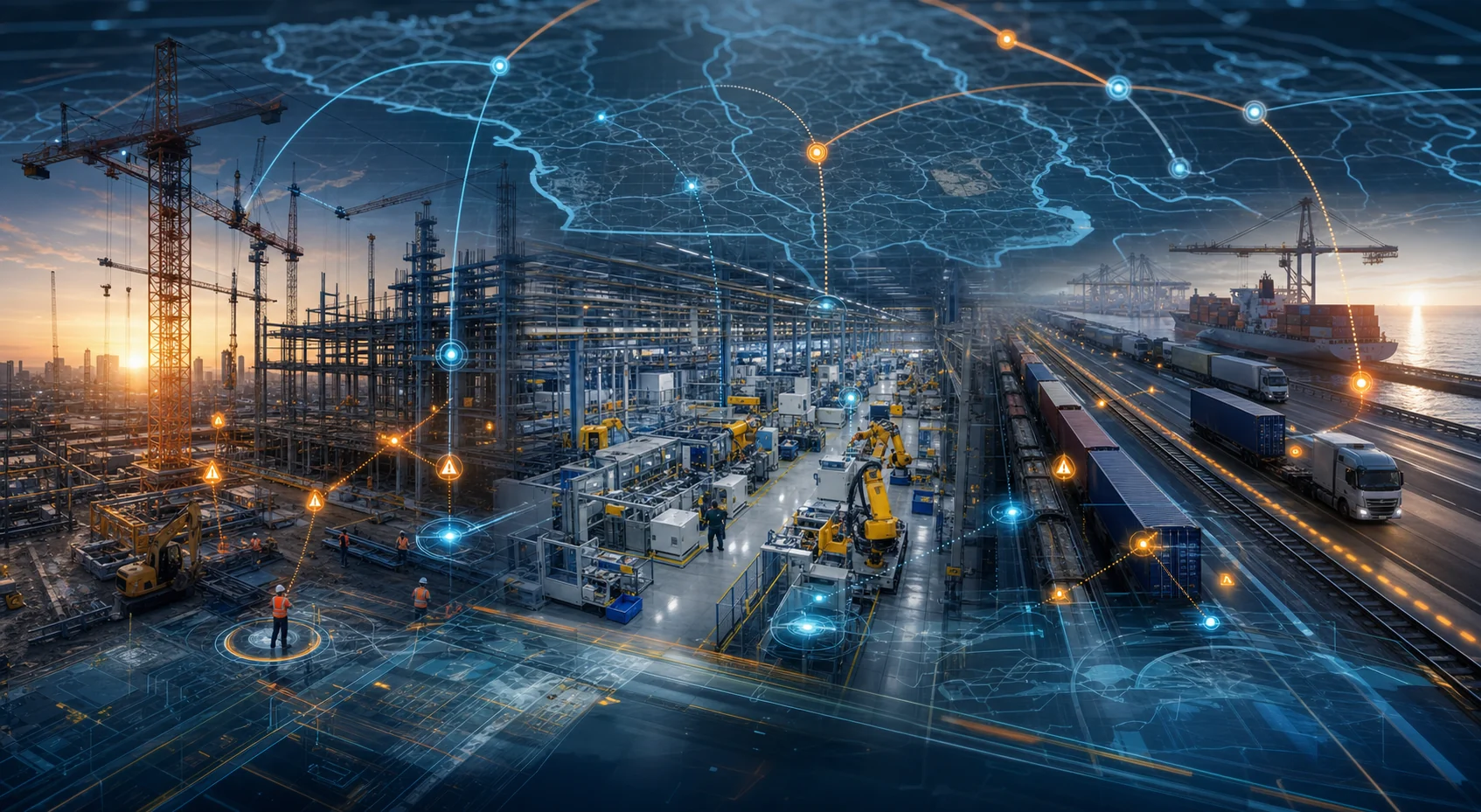 Construction site, factory floor, and freight corridor connected by verified signal nodes, audit trails, and AI review gates