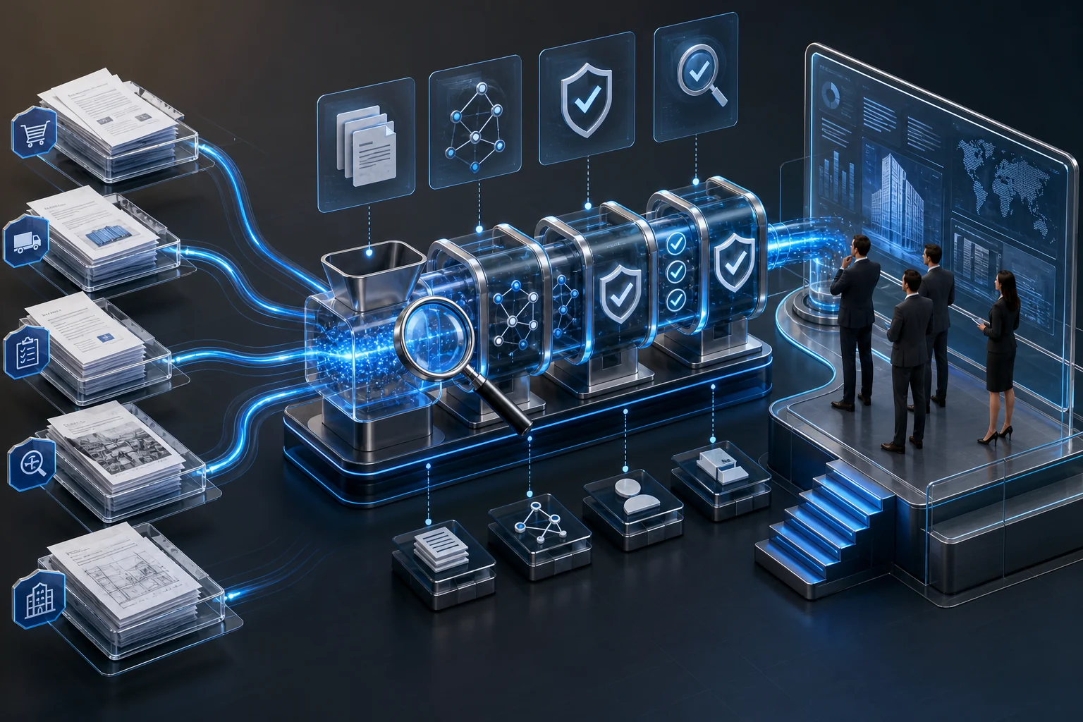 Evidence-first AI agent workflow showing purchase orders, shipment notices, RFQs, inspection reports, and bid documents passing through verification gates