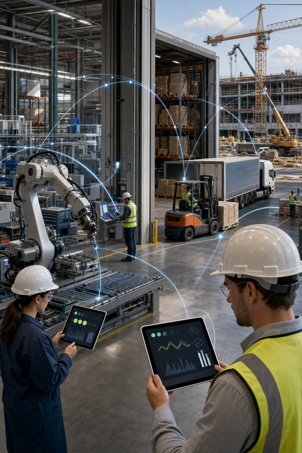 Advanced manufacturing, warehouse logistics, and construction operations connected by verified AI signal threads