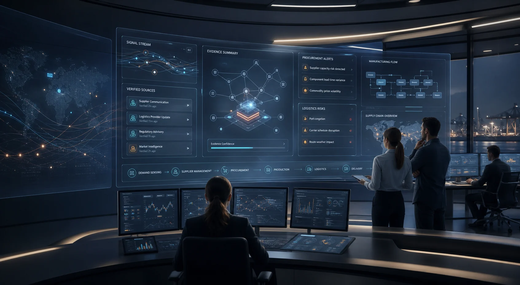 Operations leaders reviewing verified AI, supply chain, manufacturing, and logistics signals in an evidence-first control room