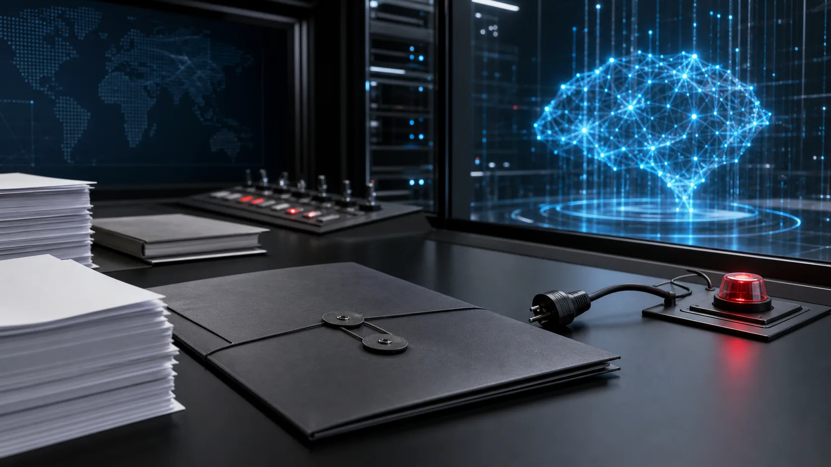 Policy documents sit beside a disconnected power cable while a model network remains active behind glass