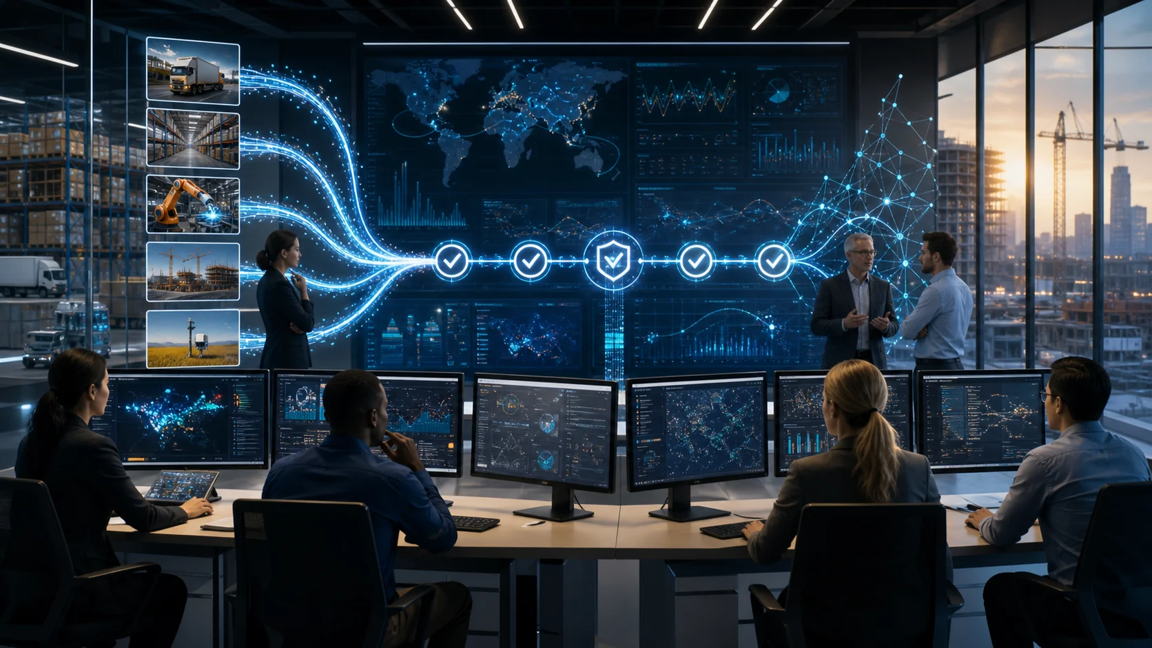 Operations leaders reviewing verified logistics, manufacturing, and construction signals in an evidence-first control room