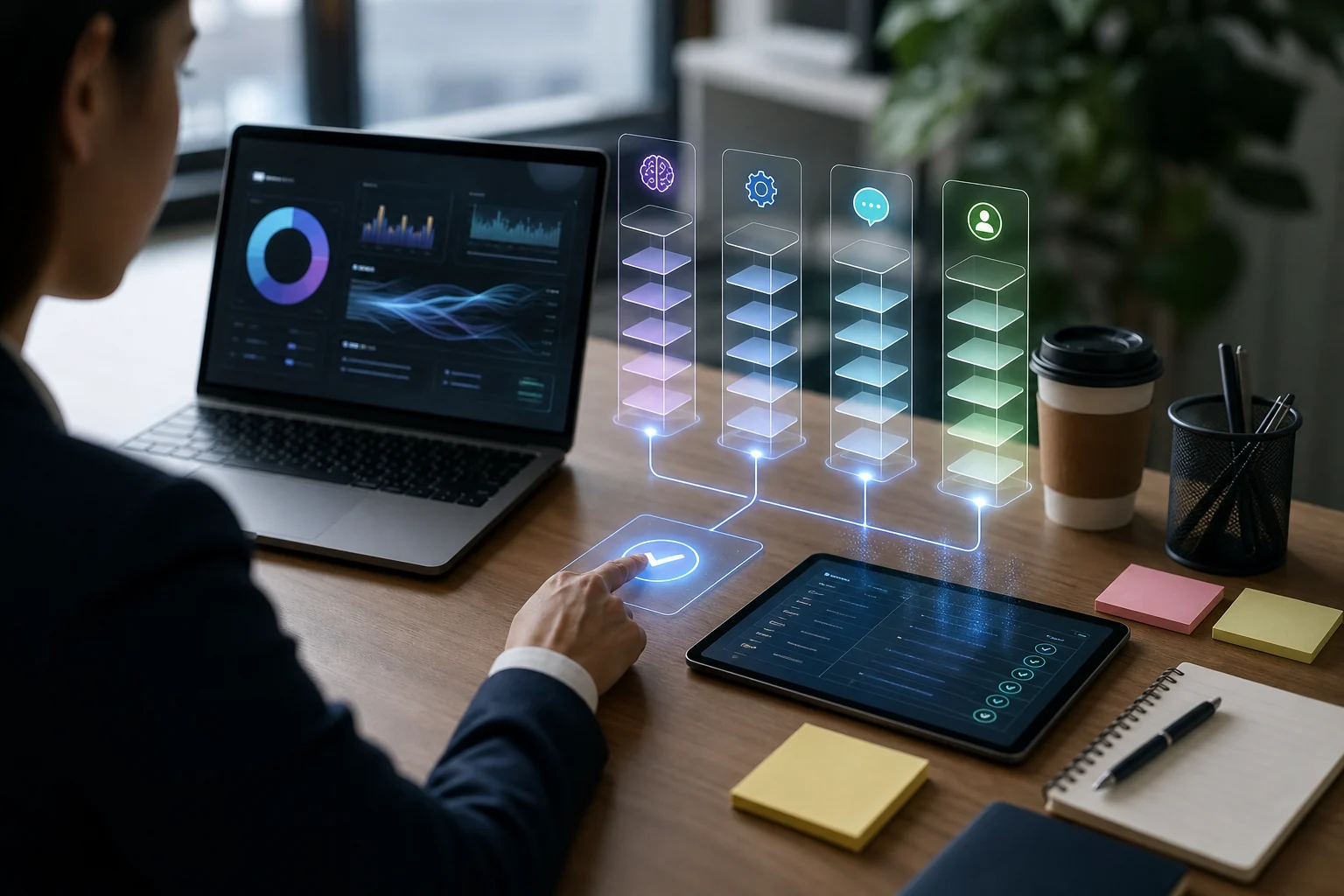Vertical AI agents connected to an evidence ledger and a human approval gate
